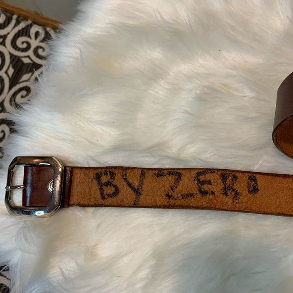 Accessories - By Zero brown leather belt geometric silver buckle